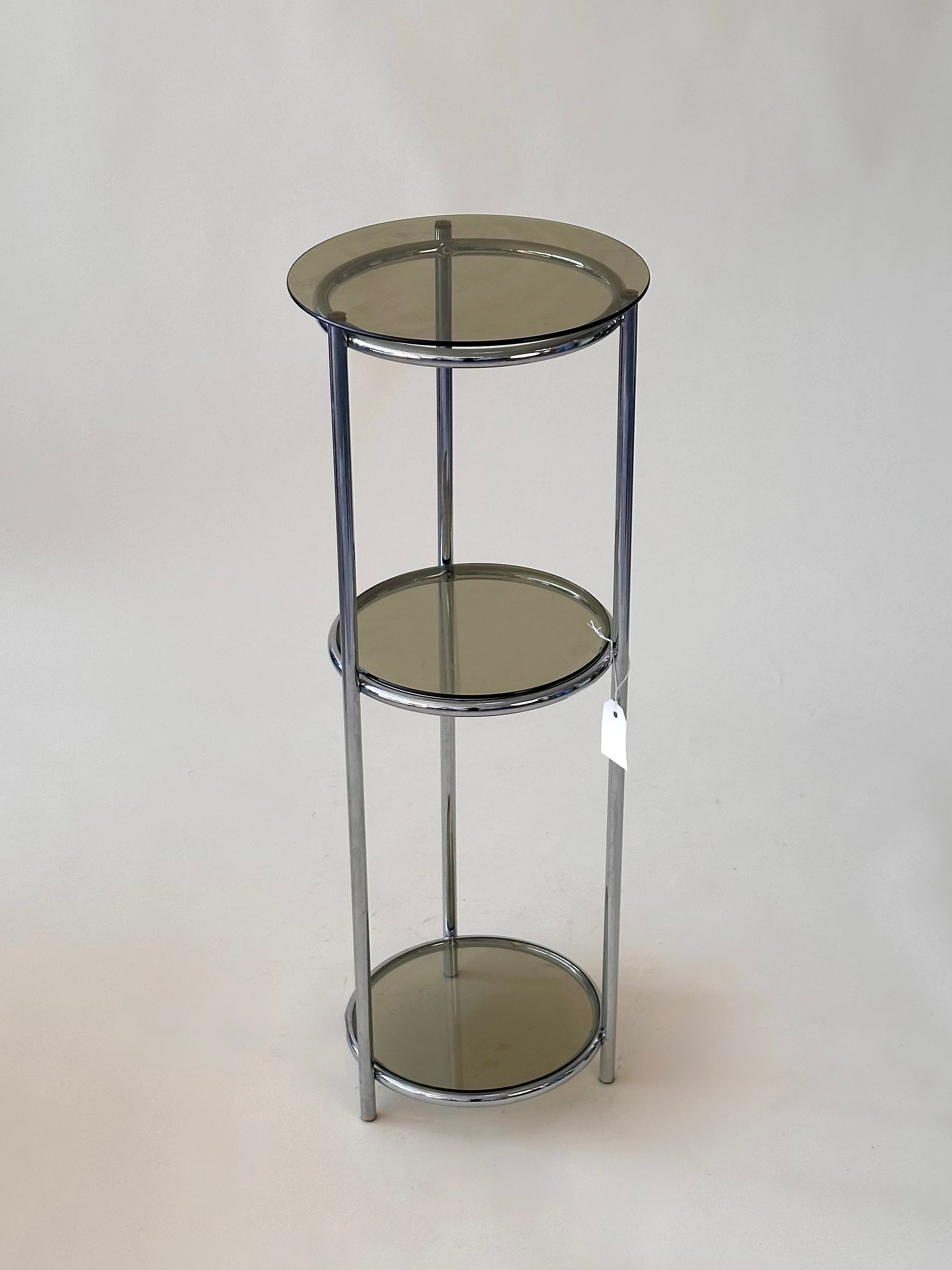 Étagère vintage en chrome tubulaire avec tablette en verre fumé